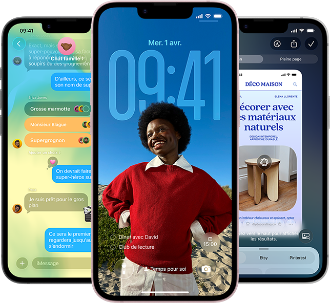 Trois iPhone&nbsp;17e affichant l&rsquo;app Messages avec le design Liquid&nbsp;Glass, l&rsquo;&eacute;cran verrouill&eacute; dynamique et Intelligence visuelle en cours d&rsquo;utilisation