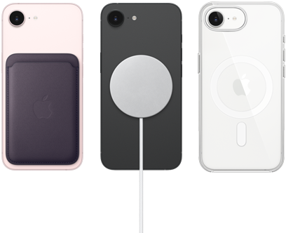 iPhone&nbsp;17e rose pastel avec Porte-cartes en tissage fin violet nuit, iPhone&nbsp;17e noir avec chargeur MagSafe, iPhone&nbsp;17e blanc dans une coque transparente avec MagSafe
