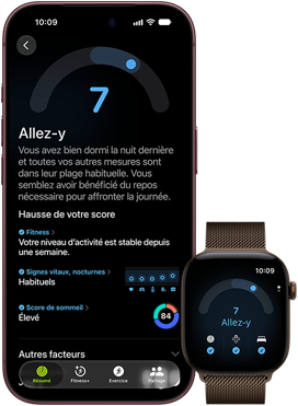 iPhone 18 Pro, noir, face avant, affichant le résultat du statut Préparation (score de 7), jumelé à une Apple Watch, de face, marron, affichant le même score Préparation de 7